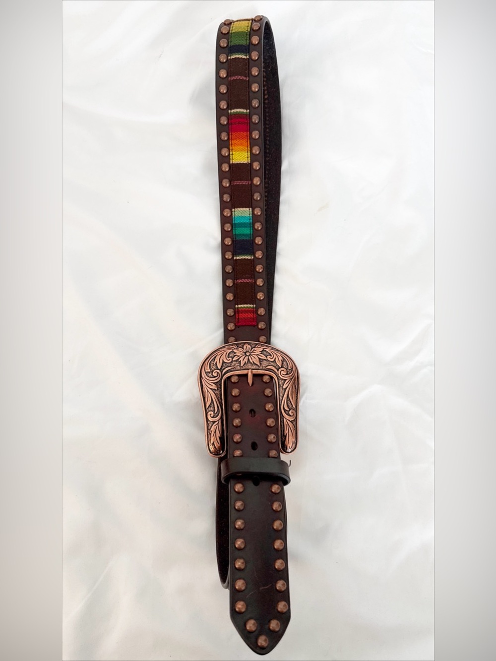 Ariat Brown Leather Studded Belt with Multicolor Woven Stripe